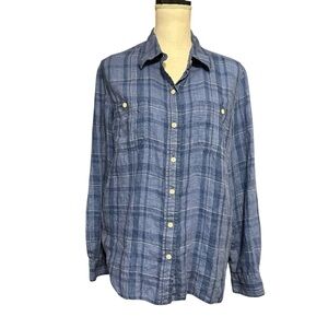 Lauren Ralph Lauren 100% Linen Plaid Button Down Shirt Women's XL Blue Preppy